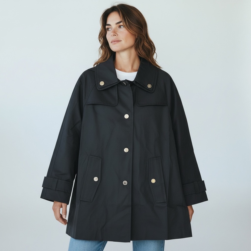 NWT London Fog Black Hooded‎ Trench Coat with Button Accents Small